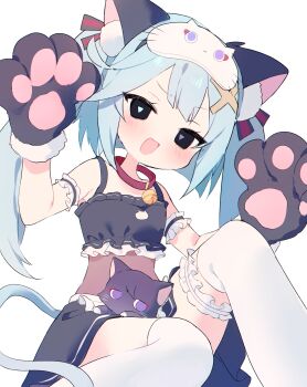 1girl absurdres alternate_costume alternate_eye_color animal_ears animal_hands animal_print animalization apron aqua_hair aqua_pupils arm_cuffs bell black_ribbon black_shirt black_skirt blush cat_ears cat_mask cat_paws cat_print cat_tail collar cropped_shirt eyelashes fake_animal_ears faruzan_(genshin_impact) frilled_shirt frilled_thigh_strap frills fur_trim genshin_impact gold hair_ornament hair_ribbon heterochromia highres jingle_bell long_hair looking_at_viewer mask mask_on_head momoe_moko neck_bell open_mouth person_and_animalization pom_pom_(clothes) purple_pupils raised_eyebrows red_collar red_ribbon ribbon scaramouche_(cat)_(genshin_impact) scaramouche_(genshin_impact) shirt short_eyebrows sidelocks skirt sleep_mask sleeveless sleeveless_shirt symbol-shaped_pupils tail thigh_strap thighhighs triangle-shaped_pupils twintails waist_apron white_apron white_background white_mask white_thighhighs x_hair_ornament