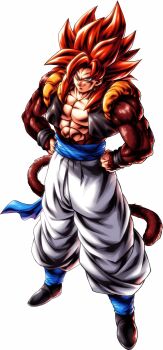 1boy absurdres blue_eyes blue_sash body_fur dragon_ball dragon_ball_gt dragon_ball_legends gogeta highres long_hair male_focus metamoran_vest monkey_boy monkey_tail muscular muscular_male official_art pants pectorals red_fur red_hair saiyan sash smile solo spiked_hair super_saiyan super_saiyan_4 tail white_pants