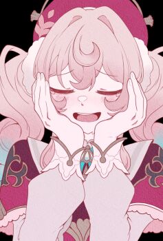 1girl black_background blue_hair blush closed_eyes commentary_request dress fingernails gradient_hair hair_between_eyes hands_on_own_face hands_up hat hat_ornament highres honkai:_star_rail honkai_(series) hyacine_(honkai:_star_rail) kosame_0229 long_hair long_sleeves multicolored_hair open_mouth pink_dress pink_hair pink_hat puffy_long_sleeves puffy_sleeves simple_background smile solo tearing_up teeth tongue twintails two-tone_dress upper_body wavy_hair white_dress