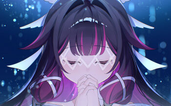 1girl black_hair blurry blurry_background closed_eyes columbina_(genshin_impact) commentary_request eye_mask facing_viewer genshin_impact hair_intakes hair_ornament hands_up highres hiroyi_(mei) interlocked_fingers mask multicolored_hair own_hands_clasped own_hands_together portrait purple_hair solo streaked_hair white_mask wing_hair_ornament