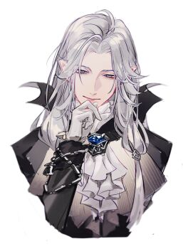 Rule 34 | 1boy, absurdres, ascot, ash echoes, black coat, brooch, chinese commentary, closed mouth, coat, commentary request, cropped shoulders, curtained hair, frilled shirt collar, frilled sleeves, frills, gloves, hair over shoulder, hand on own chin, highres, jewelry, lapels, long hair, long sleeves, looking at viewer, low-tied long hair, male focus, mystical high collar, parted bangs, pointy ears, purple eyes, rinca753, shirt, simple background, smile, solbyrd von luminberg, solo, straight-on, white ascot, white background, white gloves, white hair, white shirt, wrist chain