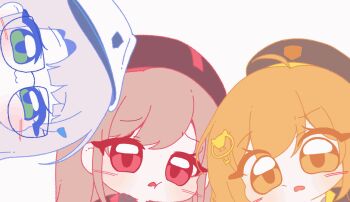 4girls :3 anis_(nikke) bandaged_head bandages blush bonyong brown_eyes brown_hair chair_ornament chibi closed_mouth counters_(nikke) glasses goddess_of_victory:_nikke green_eyes grey_hair hat looking_at_viewer modernia_(first_affection)_(nikke) modernia_(nikke) multiple_girls neon_(nikke) purple_hair rapi_(nikke) red_eyes red_hair red_hat simple_background smile white_background white_hat