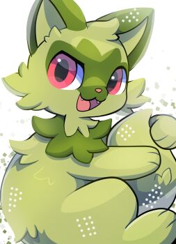 Rule 34 | apolozorua, cat, green fur, highres, looking at viewer, nintendo, no humans, open mouth, pink eyes, pokemon, pokemon (creature), solo, sprigatito, two-tone fur