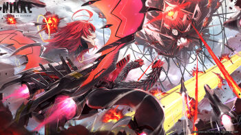 2girls ahoge android battle black_hair breasts closed_eyes closed_mouth cloud cloudy_sky commentary copyright_name dragon dragon_wings english_commentary explosion explosive extra_arms flying goddess_of_victory:_nikke guest_art highres large_breasts long_hair mechanical_wings messy_hair midair missile multiple_girls nihilister_(nikke) official_alternate_costume official_art open_mouth outdoors rapture_queen_(nikke) red_eyes red_hair second-party_source sky somehira_katsu teeth upper_teeth_only wings