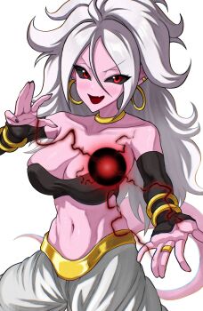 1girl android_21 black_nails black_sclera black_tube_top bracelet breasts choker cleavage colored_sclera colored_skin detached_sleeves dragon_ball dragon_ball_fighterz earrings energy_ball fang harem_pants highres hoop_earrings jewelry large_breasts long_hair majin_android_21 midriff navel pants pink_skin red_eyes ring skin_fang smile strapless takundraws tube_top white_hair yellow_choker