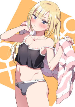 1boy ass blonde_hair blue_eyes blush bulge camisole cardigan collarbone cowboy_shot crop_top grey_sports_panties highres holding_unworn_cardigan kohaku_(riku) light_frown loungewear male_focus navel nipple_slip nipples orange_background original pink_cardigan riku_(melty_drop) solo strap_slip striped_cardigan trap twintails