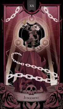 1girl absurdres armor belt breasts card_(medium) chain claws cleavage colored_skin dark-skinned_female dark_skin demon_tail gloves greaves grey_skin hell helltaker highres horns judgement_(helltaker) judgement_(tarot) lanxcer single_horn tail tarot tarot_(medium) white_eyes white_hair