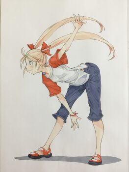 1girl arm_up blonde_hair blue_eyes blue_pants bow capri_pants closed_mouth commentary footwear_request from_side full_body hair_bow highres long_hair looking_afar open_hands orange_bow orange_shirt original pants peter_salt raglan_sleeves shirt smile solo standing traditional_media twintails