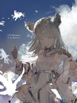 Rule 34 | 1girl, absurdres, animal ears, arknights, arknights: endfield, bag, bare shoulders, bird ears, bird girl, black gloves, blue sky, bracelet, commentary, dress, extra ears, gloves, grey hair, highres, jacket, jewelry, long hair, long sleeves, off shoulder, one eye closed, open clothes, open jacket, outdoors, parted lips, perlica (arknights), shenwanjia, sky, sleeveless, sleeveless dress, smile, solo, twilight, unzipped, upper body, white dress, white jacket
