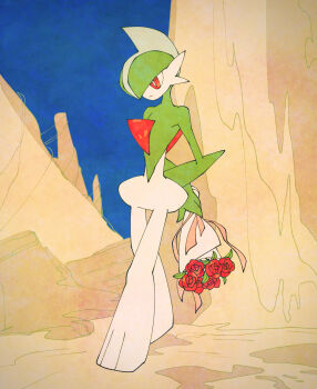 1other arm_blade arms_behind_back blue_sky bouquet canyon colored_skin crossed_arms day expressionless facing_to_the_side flower gallade gen_4_pokemon green_hair high_contrast highres holding holding_bouquet holding_flower limited_palette looking_down looking_to_the_side mohawk mountain multicolored_skin nintendo outdoors pokemon pokemon_(creature) pokemon_focus red_eyes red_flower red_rose rose sky two-tone_skin umi-be-to walking weapon wide_hips