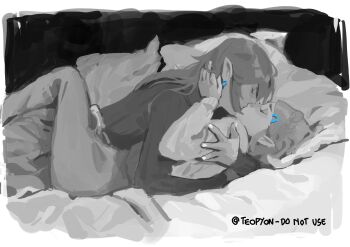 1boy 1girl absurdres artist_name bed black_sweater border boy_on_top braid closed_eyes commentary couple crown_braid earrings english_commentary english_text hair_ornament hetero highres hug jewelry kiss link long_hair monochrome nintendo on_bed pointy_ears princess_zelda pyonteo sidelocks spot_color sweater the_legend_of_zelda the_legend_of_zelda:_breath_of_the_wild the_legend_of_zelda:_tears_of_the_kingdom twitter_username upper_body white_sweater