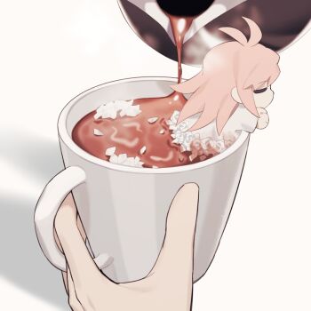 1boy antenna_hair chibi chinese_commentary closed_eyes coffee coffee_pot commentary_request cup fuyuasa hatsutori_hajime long_hair male_focus mug pink_hair pouring saibou_shinkyoku shirt solo_focus variant_set white_background white_shirt