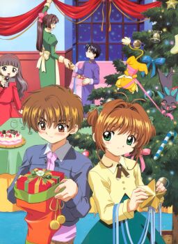 1990s_(style) 2girls 3boys ^_^ akizuki_nakuru antenna_hair blouse blunt_bangs brown_eyes brown_hair cake camcorder cardcaptor_sakura child christmas christmas_tree clamp closed_eyes cup daidouji_tomoyo decorating drinking_glass food fruit gift green_eyes hair_intakes hiiragizawa_eriol holding holding_gift indoors kero_(cardcaptor_sakura) kinomoto_sakura li_syaoran multiple_boys multiple_girls ponytail retro_artstyle ruby_moon shirt snow spinel_sun star_(symbol) strawberry suppi tree two_side_up video_camera wine_glass yellow_shirt