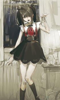 1girl absurdres ame-chan_(needy_girl_overdose) ame_(xhs_26281584742) black_eyes black_hair black_ribbon black_skirt black_socks blister_pack collared_shirt feet_out_of_frame hair_ornament hair_over_one_eye highres holding holding_blister_pack indoors kneehighs long_hair looking_at_viewer neck_ribbon needy_girl_overdose open_mouth pill pill_on_tongue red_shirt ribbon shirt skirt smile socks solo standing suspender_skirt suspenders table twintails unfinished window x_hair_ornament