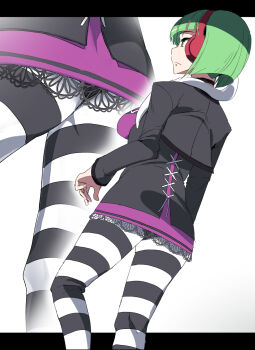 1girl ass_peek black_coat black_pantyhose breasts closed_mouth coat commentary dress dutch_angle feet_out_of_frame from_behind green_eyes green_hair headphones highres lace_trim letterboxed long_sleeves medium_breasts meuniel outside_border pantyhose phonon_(under_night_in-birth) pink_dress short_hair snake striped_clothes striped_pantyhose touniyuu under_night_in-birth upskirt white_background white_pantyhose white_snake zoom_layer