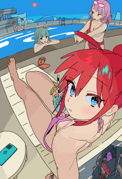 1boy 4girls aqua_hair bikini blue_eyes chair chaucer_(some1else45) day drink hairband highres hipa_(some1else45) holding holding_drink looking_at_viewer looking_back lounge_chair multiple_girls nahia_(some1else45) one-piece_swimsuit original outdoors pink_hair pool poolside red_hair sekoshi_(some1else45) sitting some1else45 standing sun swimsuit