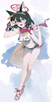 1girl :d animal_ear_fluff animal_ears bikini black_hair blue_archive blue_bikini blue_shorts breasts commentary danbaofan_omuless double_fox_shadow_puppet eyeshadow fang fingernails fox_ears fox_shadow_puppet full_body hair_between_eyes halo highleg izuna_(blue_archive) izuna_(swimsuit)_(blue_archive) makeup nail_polish navel open_mouth pale_skin red_eyeshadow red_halo sandals shorts smile solo stomach striped_bikini striped_clothes swimsuit toes tongue visor_cap white_bikini yellow_eyes yellow_nails
