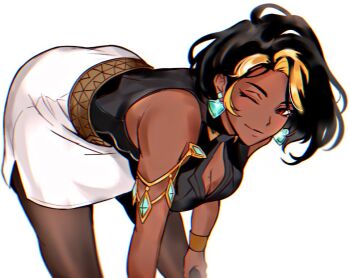 Rule 34 | 1girl, ass, bare shoulders, belt, bent over, black hair, black shirt, blonde streaks, breasts, brown pantyhose, cleavage, cleavage cutout, closed mouth, clothing cutout, colored bangs, cowboy shot, curvy, dark-skinned female, dark skin, domina (overwatch), earrings, eyelashes, gold belt, hands on own legs, jewelry, large breasts, legs apart, looking at viewer, mature female, miniskirt, multicolored hair, narrow waist, one eye closed, overwatch, pantyhose, pencil skirt, rami ow2, red eyes, shirt, short hair, simple background, skirt, sleeveless, sleeveless shirt, solo, standing, streaked hair, two-tone hair, white background, white skirt, wide hips