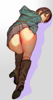 1girl absurdres black_skirt blue_jacket boots brown_boots brown_eyes brown_hair drop_shadow earrings female_focus from_behind full_body gradient_background hand_on_own_ass high_heels highres hood hood_down hooded_jacket jacket jewelry long_sleeves looking_at_viewer looking_back muk_(monsieur) panties parted_lips pink_panties pleated_skirt short_hair simple_background skirt sleeves_past_wrists solo tiny_evil underwear