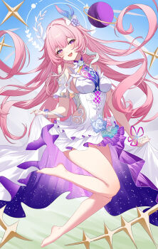 Rule 34 | 1girl, absurdres, armlet, bare shoulders, blue sky, breasts, commentary request, cyrene (demiurge) (honkai: star rail), cyrene (honkai: star rail), day, diamond-shaped pupils, diamond (shape), dress, flower, full body, hair flower, hair ornament, halo, halo behind head, highres, honkai: star rail, honkai (series), jewelry, lao xi, large breasts, long hair, looking at viewer, nail polish, open mouth, outdoors, pink hair, pink nails, pointy ears, purple eyes, purple flower, purple rose, rose, sidelocks, sky, smile, solo, symbol-shaped pupils, very long hair, white dress