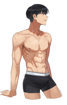 1boy 8083_blue abs absurdres arm_support black_hair black_male_underwear boxers bulge collarbone commentary cropped_legs highres hoshina_soshiro kaijuu_no._8 looking_to_the_side male_focus male_underwear nipples pectorals red_eyes shredded_muscles sideburns simple_background solo toned toned_male topless_male underwear underwear_only wet_face
