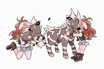 1girl :d antenna_hair baseball_cap black_footwear black_vest blitzle blush boots brown_hair closed_eyes gen_5_pokemon hat highres hilda_(pokemon) holding holding_pokemon lightning_bolt_symbol long_hair multiple_views nap_(eevlll) nintendo open_clothes open_mouth open_vest poke_ball_print pokemon pokemon_(creature) pokemon_bw shirt shorts sidelocks smile vest white_background white_headwear white_shirt zebstrika