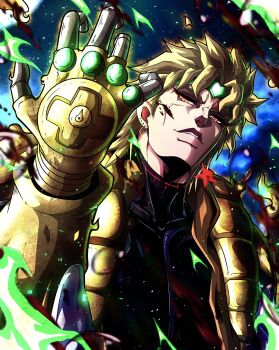 absurdres birthmark black_shirt blonde_hair dio_brando earrings fingerless_gloves gloves green_headband headband heart highres jacket jewelry jojo_no_kimyou_na_bouken looking_at_viewer noonvincent orange_eyes shirt stand_(jojo) star_(symbol) stardust_crusaders the_world turtleneck turtleneck_shirt yellow_gloves yellow_jacket
