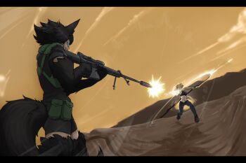 Rule 34 | 2015, 2girls, abs, ammunition pouch, ancient egyptian, animal ears, animal hands, animal legs, anti-materiel rifle, barrett m82, bike shorts, bipod, bobanon, braid, dark-skinned female, dark skin, deflect, egyptian mythology, fighting, full body, gun, highres, holding, holding gun, holding weapon, less, lion girl, magazine (weapon), midriff, monster girl, monster girl encyclopedia, multiple girls, muzzle device, navel, pouch, rifle, scope, sekhmet (less/bob), sharp teeth, sniper rifle, suppressor, tactical clothes, tail, tall female, teeth, vagabonds, weapon, wolf girl