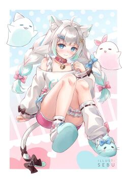 1girl ahoge animal_ear_fluff animal_ears animal_slippers artist_name bell black_bow black_ribbon blue_bow blue_streaks blush border bow braid cat_ears cat_girl cat_slippers cat_tail closed_mouth collar collarbone commentary dolphin_shorts english_commentary fang fang_out frilled_thigh_strap full_body gradient_hair green_slippers grey_hair hair_bow hair_intakes hair_ornament hairclip heart highres indie_virtual_youtuber jingle_bell kneehighs knees_up long_hair long_sleeves looking_at_viewer low_twin_braids low_twintails mint_fantome mint_fantome_(otaku) multicolored_hair multiple_hair_bows neck_bell off-shoulder_sweater off_shoulder parallel_hairclips pink_bow pink_shorts pink_streaks red_collar ribbon ribbon-trimmed_socks ribbon_trim sebu_illust shorts single_kneehigh single_loose_sock single_sock sitting skin_fang sleeve_bow slippers smile socks solo streaked_hair sweater tail tail_bow tail_ornament tail_ribbon thigh_strap twin_braids twintails virtual_youtuber white_border white_socks white_sweater wisps_(mint_fantome) x_hair_ornament