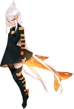 1girl absurdres asymmetrical_legwear black_dress black_pants black_thighhighs breasts commentary dress english_commentary fins fish_tail highres long_hair long_sleeves looking_at_viewer mismatched_legwear orange_eyes orange_sleeves orange_thighhighs original pants pita-potato shark_girl shark_tail simple_background single_thighhigh small_breasts solo striped_clothes striped_sleeves striped_thighhighs tail thighhighs white_hair