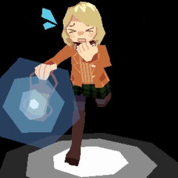 >_< 1girl 3d 3dscartridgez animated animated_gif ashley_graham black_background blonde_hair boots brown_boots commentary english_commentary flying_sweatdrops green_skirt jacket knee_boots lantern lapels looping_animation low_poly medium_hair open_mouth orange_jacket pleated_skirt resident_evil resident_evil_4 rotating_view running simple_background skirt solo