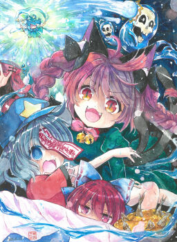 4girls absurdres animal_ears black_hair blue_bow blue_hat blush bow braid cat_ears cat_girl cat_tail cloak commentary_request dated disembodied_head fangs hair_bow hat hat_ornament highres hitodama kaenbyou_rin kaku_seiga miyako_yoshika multiple_girls multiple_tails newsboy_cap red_eyes red_hair sekibanki short_hair side_braids skull slit_pupils star_(symbol) star_hat_ornament tail touhou traditional_media twin_braids two_tails yamamori_uniko