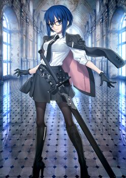 1girl ahoge belt black-framed_eyewear black_boots black_gloves black_jacket black_necktie black_skirt blazer blue_hair boots breasts c.i.e.l_(fate) ciel-sensei_(fate) ciel_(tsukihime) closed_mouth collared_shirt contrapposto cross fate/grand_order fate_(series) floating_clothes full_body game_cg glasses gloves hand_up high_heel_boots high_heels impossible_clothes impossible_shirt indoors jacket jacket_on_shoulders knee_boots lapels latin_cross legs_apart looking_at_viewer medium_breasts miniskirt necktie notched_lapels official_art outstretched_arm pantyhose round_eyewear sheath sheathed shirt shirt_tucked_in short_hair skirt smile solo standing takeuchi_takashi third-party_source three-quarter_sleeves variant_set white_shirt wing_collar