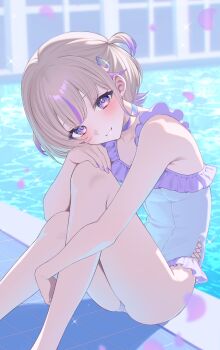1girl absurdres alternate_costume blonde_hair blunt_bangs blush breasts casual_one-piece_swimsuit choker commentary cross-laced_slit falling_petals frilled_one-piece_swimsuit frills grin hair_ornament hairclip hand_on_own_knee highres hololive hololive_dev_is knees_up looking_at_viewer mui_maru multicolored_hair nail_polish one-piece_swimsuit petals poolside purple_choker purple_eyes purple_hair purple_nails short_hair sitting small_breasts smile solo streaked_hair swimsuit symbol-only_commentary todoroki_hajime two_side_up virtual_youtuber white_one-piece_swimsuit