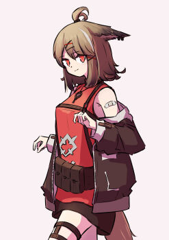 1girl animal_ears arknights bandaid bandaid_on_shoulder black_skirt blanketrena breasts brown_hair commentary_request cowboy_shot cutter_(arknights) fox_ears fox_girl fox_tail hands_up highres jacket light_blush long_sleeves looking_at_viewer off_shoulder open_clothes open_jacket pentagram_necklace red_eyes red_shirt shirt short_hair simple_background skirt sleeveless sleeveless_shirt small_breasts smile solo tail topknot white_background