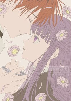 1boy 1girl 39ra405 black_coat black_roots blunt_bangs bracelet closed_eyes closed_mouth coat commentary_request couple dress falling_petals fern_(sousou_no_frieren) flower forehead-to-forehead hair_between_eyes hair_flower hair_ornament half_updo heads_together hetero highres holding_hands jewelry long_hair looking_at_another petals pink_flower pink_petals purple_eyes purple_hair red_hair short_hair sidelocks silver_bracelet smile sousou_no_frieren stark_(sousou_no_frieren) upper_body white_dress