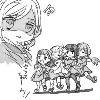 Rule 34 | !?, 5girls, :d, ahoge, anyoji hime, blunt bangs, blunt ends, bob cut, braid, center-flap bangs, ceras yanagida lilienfeld, commentary request, d:, deformed, dress, flower knot, greyscale, hair ornament, hasu no shoushihenkei, hasu no sora school uniform, hood, hooded jacket, jacket, jellyfish cut, kachimachi kosuzu, katsuragi izumi, kneehighs, link! like! love live!, loafers, long hair, long sleeves, love live!, medium dress, momose ginko, monochrome, multi-tied hair, multiple girls, neckerchief, open clothes, open jacket, open mouth, pantyhose, pleated dress, ponytail, sailor collar, school uniform, shaded face, shinanoya (satanicad), shoes, short hair, side braids, sidelocks, simple background, smile, socks, split mouth, sweatdrop, triangle hair ornament, virtual youtuber, white background, winter uniform