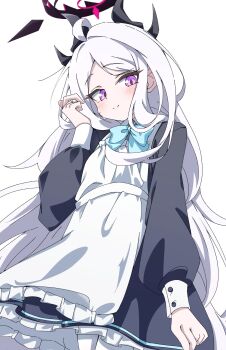 1girl ahoge apron black_halo blue_archive blush breasts commentary_request demon_girl demon_horns fugu43 halo highres hina_(blue_archive) horns long_hair looking_at_viewer maid maid_apron purple_eyes simple_background small_breasts solo very_long_hair white_background white_hair