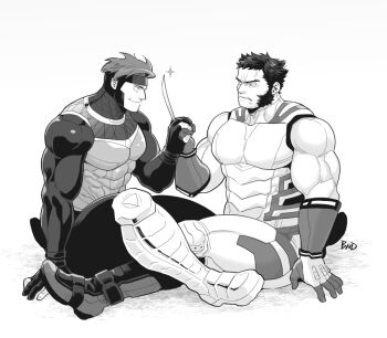 2boys bara beard bodysuit boots claw_(weapon) closed_mouth deadpool_&amp;_wolverine deadpool_(series) facial_hair frown full_body gambit hand_grab large_pectorals looking_at_another marvel marvel mature_male monochrome multiple_boys muscular muscular_male pectorals sekijaku short_hair sitting sleeveless smirk superhero_costume thick_thighs thighs veins weapon wolverine_(x-men) x-men