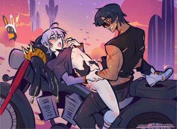 ! 1other 2boys atobeoverlord bandana bandana_around_neck bangboo_(zenless_zone_zero) belly black_pants black_shirt bottomless clothed_sex commentary covered_erect_nipples crossed_bangs english_commentary eous_(zenless_zone_zero) green_eyes green_hair grey_hair hair_between_eyes heavy_breathing highres lighter_(zenless_zone_zero) male_focus moaning motor_vehicle motorcycle multiple_boys navel one_eye_closed orange_bandana pants penis public_indecency sex shirt shoes sneakers socks stomach sunglasses sunset uncensored white_shoes white_socks wise_(zenless_zone_zero) yaoi zenless_zone_zero