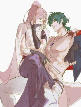 2boys bare_pectorals black_gloves cherry_blossom_(sk8) cherry_blossom_(sk8_the_infinity) crossed_legs elbow_gloves eye_contact fingerless_gloves folding_fan gloves green_hair hand_fan highres jewelry joe_(sk8) joe_(sk8_the_infinity) long_hair looking_at_another male_focus messy_hair multiple_boys navel necklace nipples pectorals pink_hair short_hair shoulder_tattoo simple_background sitting sk8_the_infinity sketch skirt tattoo topless_male white_legwear yinzinmiemie