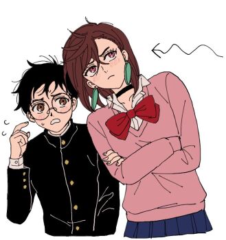 1boy 1girl ayase_momo black_choker black_hair black_jacket blue_skirt blush bow bowtie breasts brown_eyes brown_hair choker collared_shirt cropped_torso crossed_arms crossed_bangs dandadan furrowed_brow glasses gold_buttons hair_between_eyes jacket leaning_to_the_side light_frown looking_at_another medium_breasts medium_hair parted_lips pink_sweater pleated_skirt red_bow red_bowtie rotomem round_eyewear school_uniform shirt shirt_under_sweater short_hair skirt sweatdrop sweater takakura_ken_(dandadan) upper_body white_background white_shirt