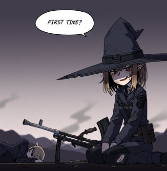 1girl 1other 2others anti-materiel_rifle black_hat black_pantyhose black_shorts blonde_hair commentary commission cuts earrings gun hat highres injury jewelry karepack multiple_earrings multiple_others original pantyhose pointy_ears pouch red_eyes rifle shell_casing short_shorts shorts sitting smoke sniper_rifle solo_focus wariza weapon witch_hat