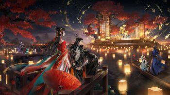 4boys 6+girls aqua_hanfu architecture arm_up asian autumn bald bird black_coat black_hair black_shirt blue_hanfu blue_ribbon blunt_bangs boat character_request child chinese_clothes chinese_commentary cloud coat collared_coat commentary_request dancing east_asian_architecture expressionless flock flower folded_fan folding_fan from_behind from_side hair_flower hair_ornament hair_ribbon hand_fan hanfu happy high_collar highres holding holding_fan holding_oar holding_umbrella lake lantern layered_sleeves light_particles long_hair long_sleeves looking_at_another multiple_boys multiple_girls oar oil-paper_umbrella outdoors paper_lantern parted_lips pointy_ears purple_hanfu red_hanfu red_umbrella reflection reflective_liquid ribbon rowing shirt stage stairs standing swallow_(bird) thick_eyebrows topknot town tree twilight umbrella very_long_hair watercraft waving white_flower white_hanfu wide_sleeves ye_dian_pikaqiu yi_meng_jianghu