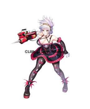 1girl alternate_costume breasts cleavage full_body halloween_costume highres holding holding_weapon izumo_tsuru large_breasts lilith-soft official_alternate_costume shiny_skin simple_background solo taimanin_(series) taimanin_rpgx weapon wide_hips zol