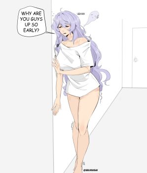1girl against_wall alternate_costume artist_name black_swan_(honkai:_star_rail) commentary english_commentary english_text hickey highres honkai:_star_rail honkai_(series) long_hair mole purple_hair seijousai shirt sleepy trembling twitter_username very_long_hair white_background white_shirt