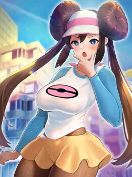 1girl absurdres black_pantyhose blue_eyes blurry blurry_background breasts brown_hair cowboy_shot donut_hair_bun double_bun hair_bun highres large_breasts long_hair nintendo noperori pantyhose pokemon pokemon_bw2 rosa_(pokemon) shirt shorts solo twintails white_shirt yellow_shorts