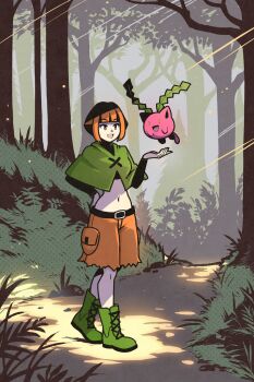 1girl akairiot belt black_hair boots capelet cargo_shorts floating forest full_body gardenia_(pokemon) gen_2_pokemon green_boots hand_on_own_hip hand_up highres hoppip light_rays midriff multicolored_hair nature navel nintendo open_mouth orange_eyes orange_hair outdoors path pokemon pokemon_dppt road short_hair shorts smile solo tree two-tone_hair undershirt walking