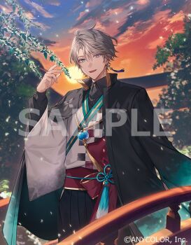 1boy airm black_hakama black_shirt blue_eyes bridge checkered_clothes cloud collared_shirt commentary_request company_name copyright_notice earrings gold_trim grey_hair hair_between_eyes hakama japanese_clothes jewelry kaida_haru kaida_haru_(1st_costume) kimono male_focus nijisanji obi official_art sample_watermark sash shirt smile solo sun sunset tassel tassel_earrings teeth tongue upper_teeth_only virtual_youtuber watermark