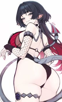 1girl animal_ears ass back bare_shoulders black_choker black_hair black_leotard blue_eyes breasts choker clothing_cutout commentary cowboy_shot english_commentary fishnets from_behind gradient_hair grin highleg highleg_leotard highres jane_doe_(nocturne_of_light)_(zenless_zone_zero) jane_doe_(zenless_zone_zero) kiyochii large_breasts leotard long_hair looking_at_viewer looking_back mouse_ears mouse_tail multicolored_hair official_alternate_costume red_hair simple_background smile solo tail tail_through_clothes thigh_strap very_long_hair white_background zenless_zone_zero